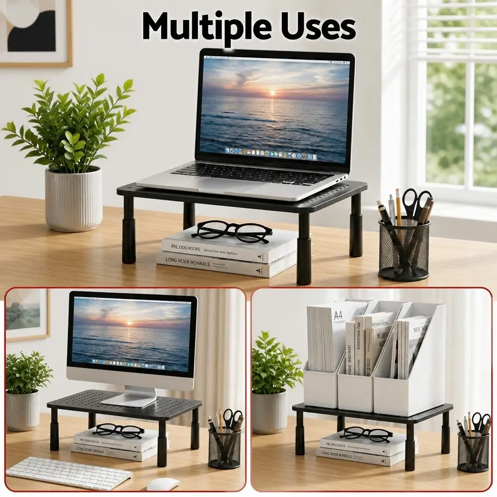 Adjustable Monitor Stand Riser 3 Height Settings Desk Organizer Non-Slip Rubber Feet Tool-Free Assembly
