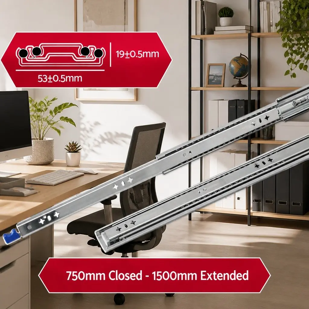 Heavy Duty Drawer Slides 750-1500mm Full Extension Locking 115kg Capacity Silver