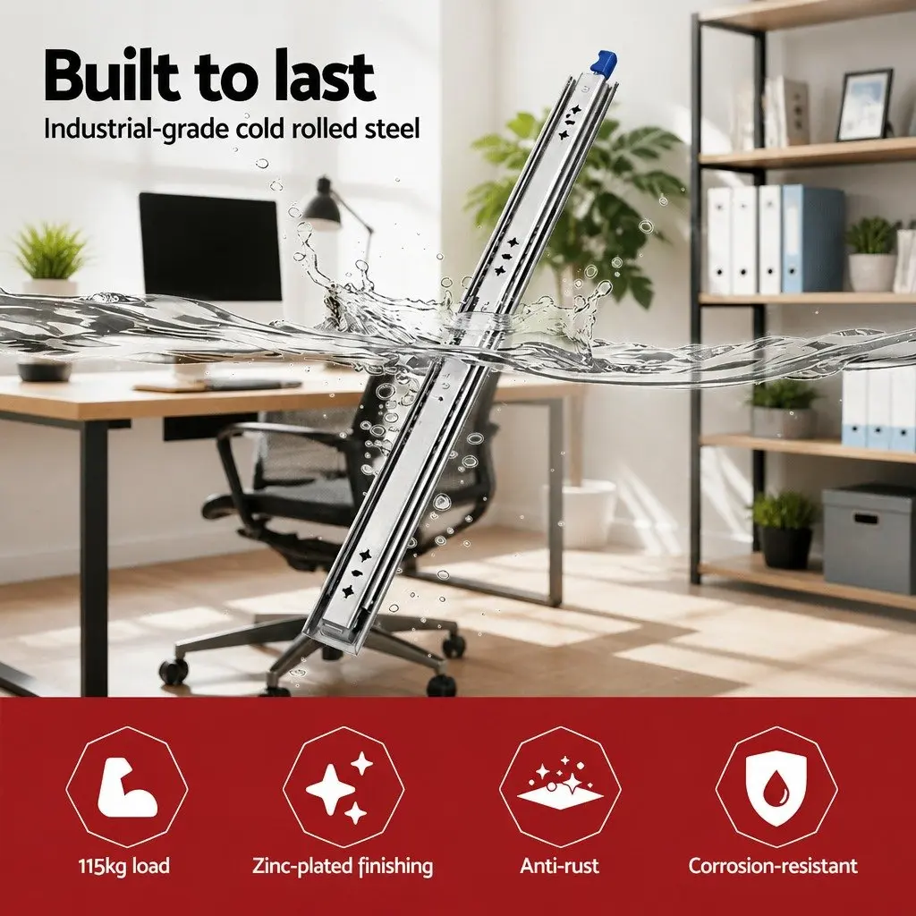 Heavy Duty Drawer Slides 750-1500mm Full Extension Locking 115kg Capacity Silver