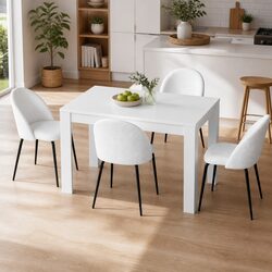Elegant Dining Set for Four with White Finish and Sherpa Chairs