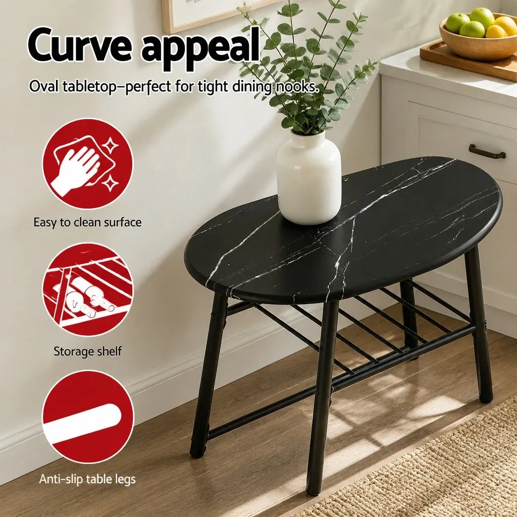 Dining Table Set 3PC Oval Black Marble Compact Bistro with Under-table Wine Rack