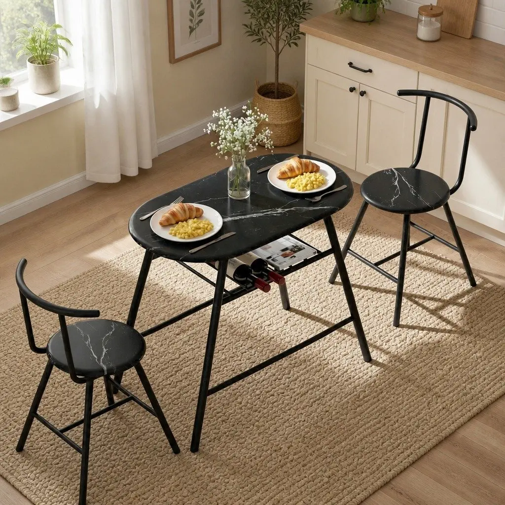 Dining Table Set 3PC Oval Black Marble Compact Bistro with Under-table Wine Rack