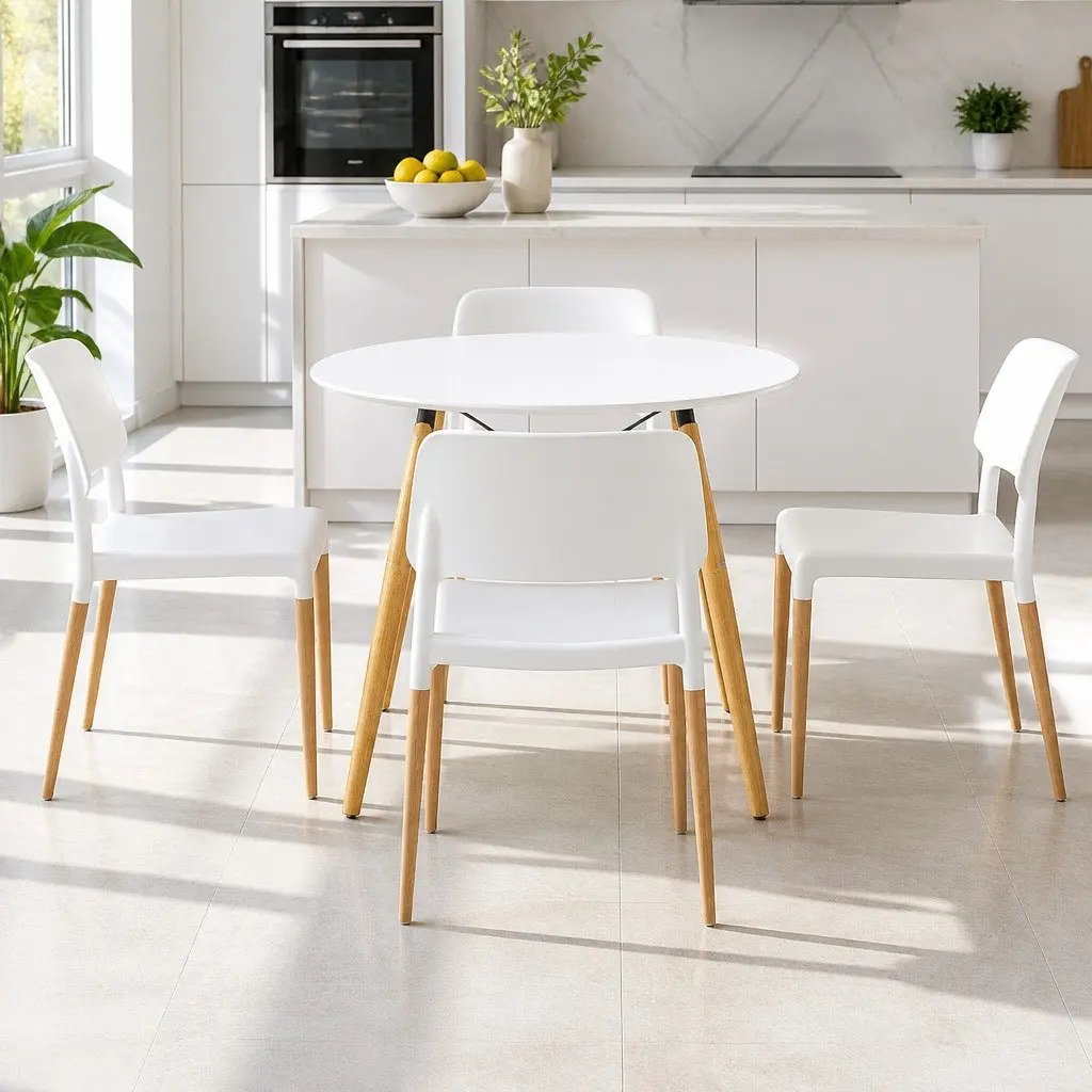 Dining Set Round 100cm White Table with 4 Stackable Chairs Beech Wood Legs