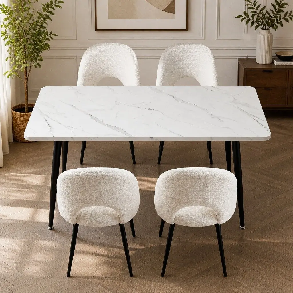 Dining Table and Chairs Set 5 Piece Marble Effect White Grey Upholstered Chairs