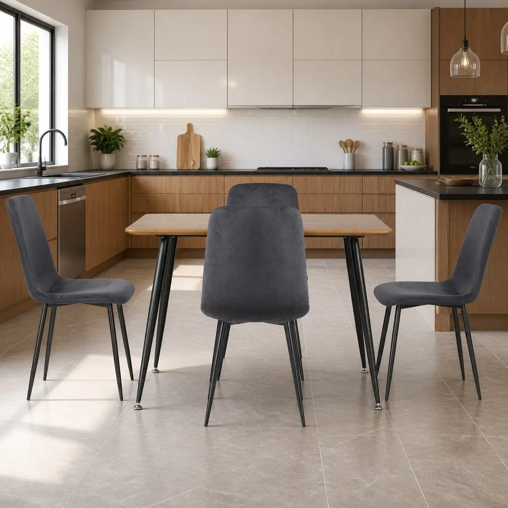 Dining Table and 4 Chairs Set 120cm Wood Grain Top Industrial Style with Velvet Upholstered Chairs