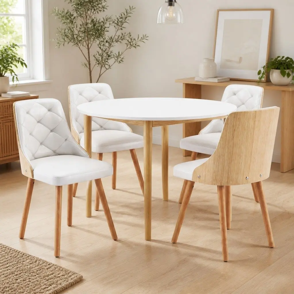 Dining Table and Chairs Set 5PCS Round 4 Seater White PU Leather Modern
