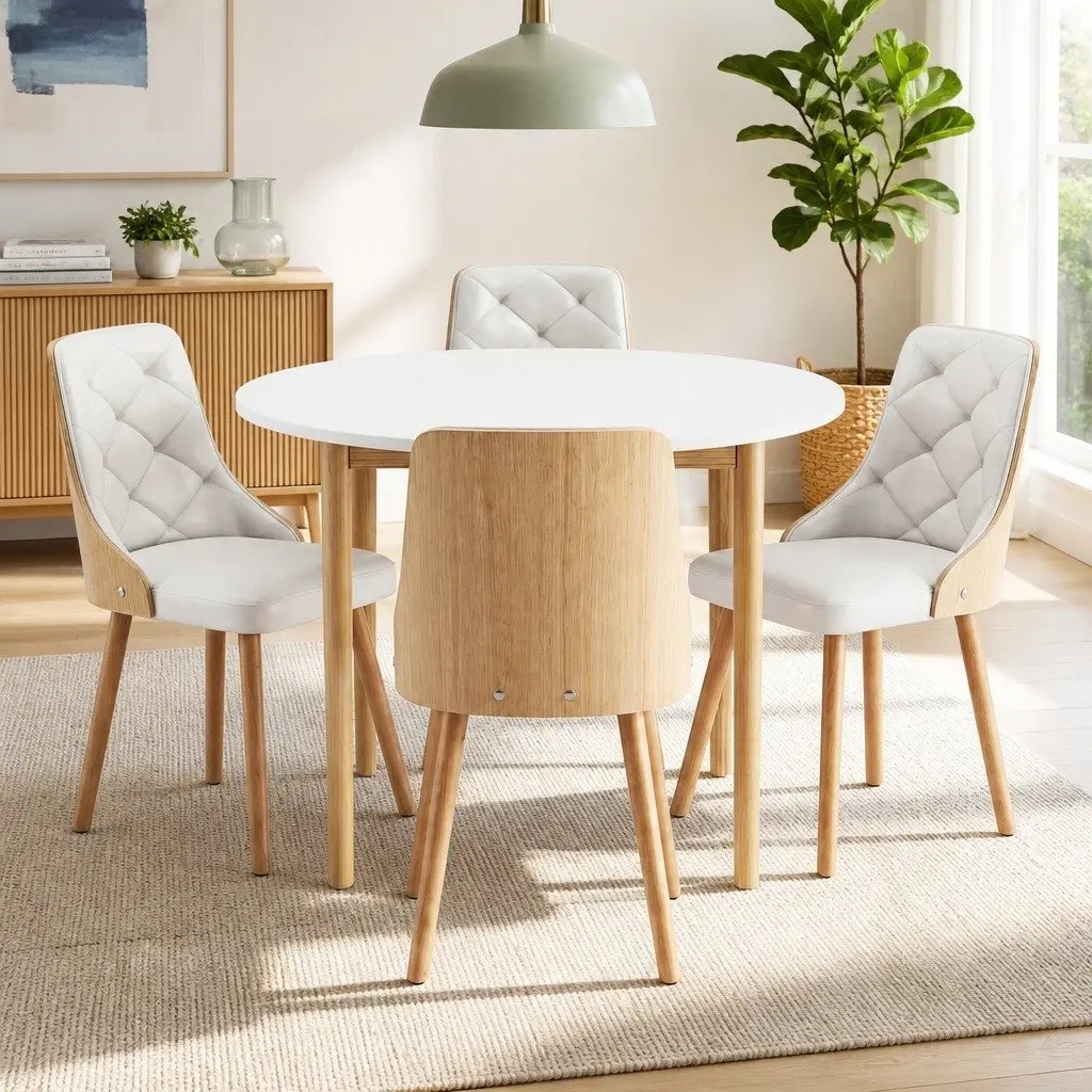 Dining Table and Chairs Set 5PCS Round 4 Seater White PU Leather Modern