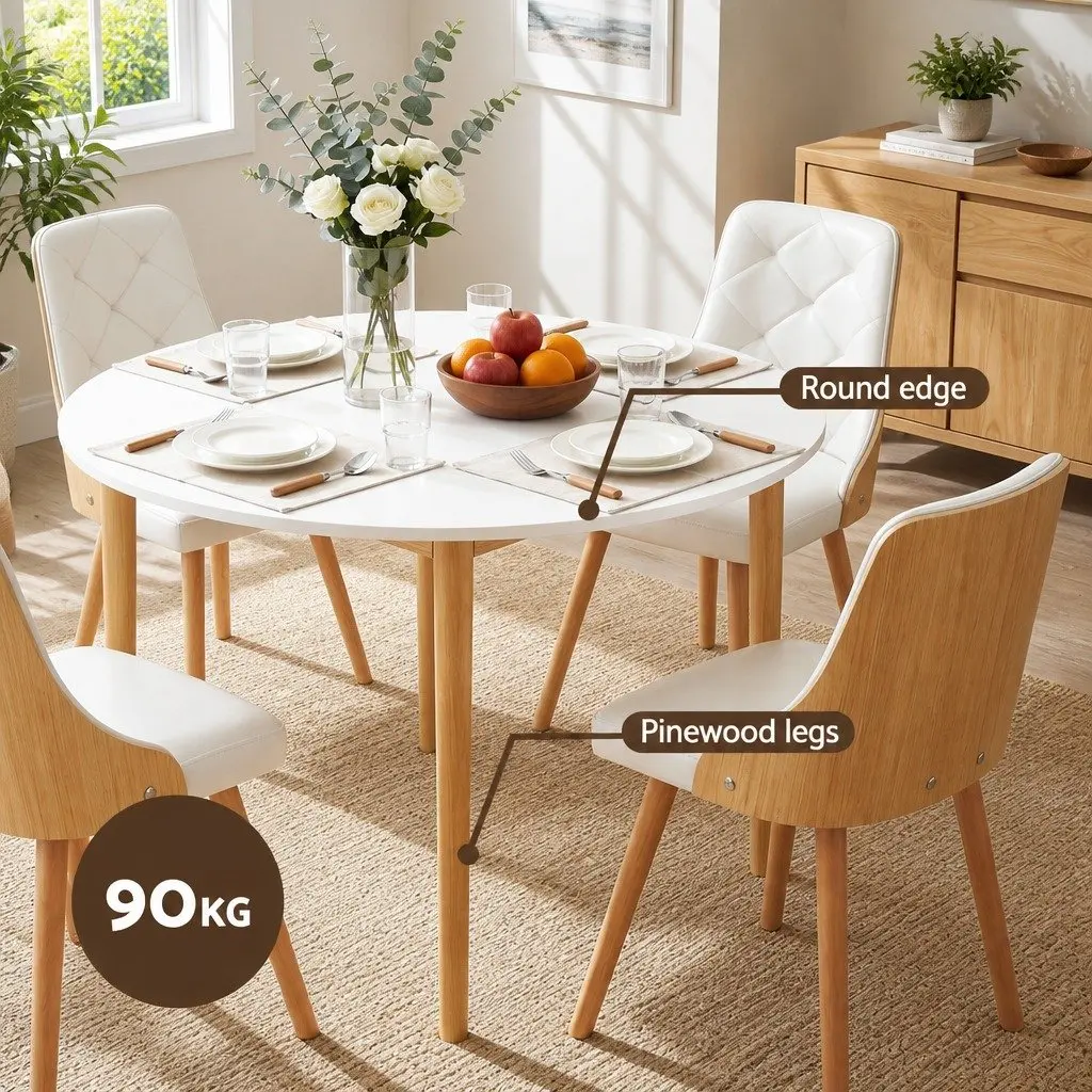Dining Table and Chairs Set 5PCS Round 4 Seater White PU Leather Modern