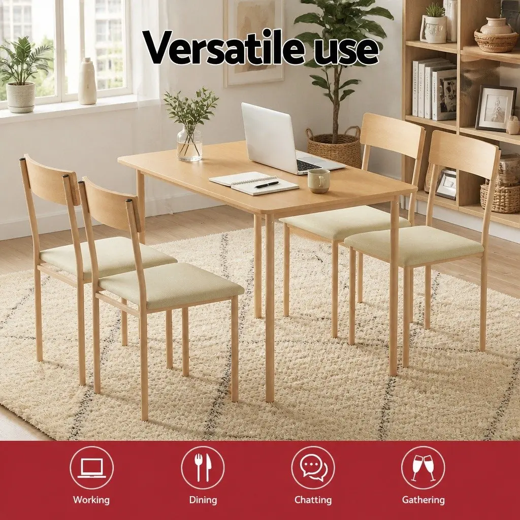 Dining Set Natural Beige Wood 5 Piece Kitchen Table and Chairs with Padded Fabric Seats and Metal Frame