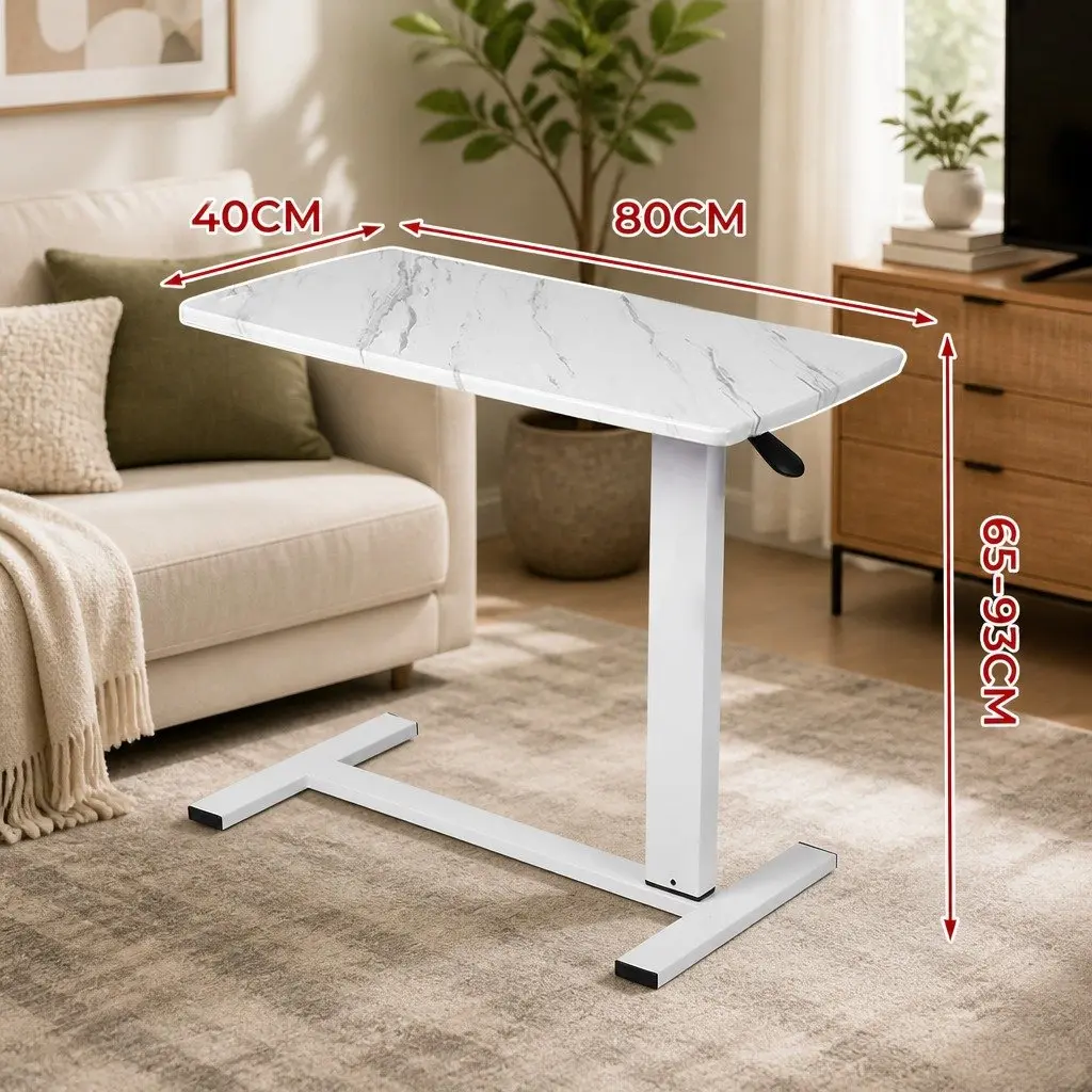Height Adjustable Sofa Bed Side Table 65-93cm Gas Lift Mechanism with Wheels White