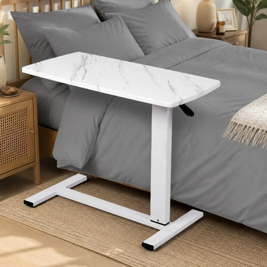 Height Adjustable Sofa Bed Side Table 65-93cm Gas Lift Mechanism with Wheels White