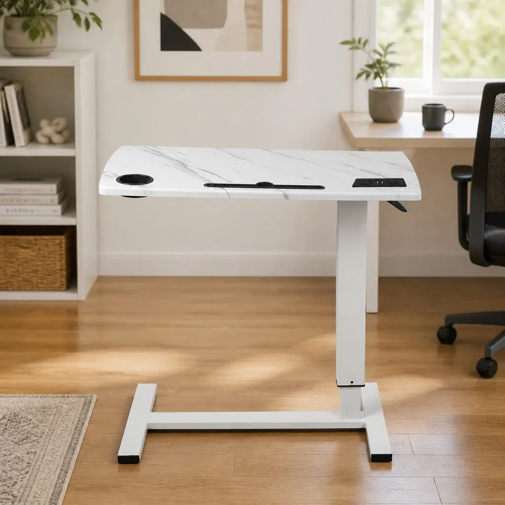 Height Adjustable Standing Desk 65-93cm Gas Lift White with Power Points USB Charging Ports and Tablet Groove
