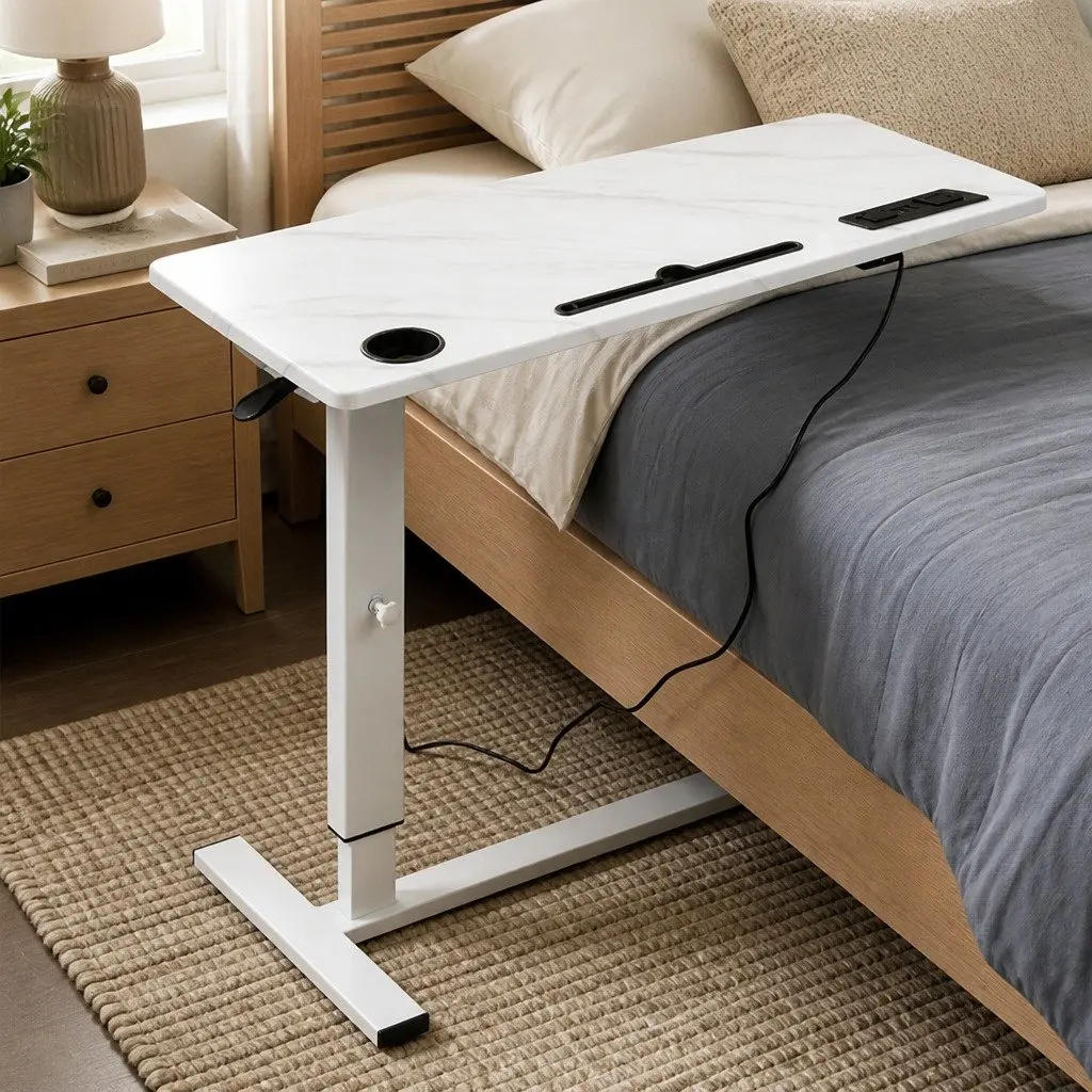 Height Adjustable Standing Desk 65-93cm Gas Lift White with Power Points USB Charging Ports and Tablet Groove