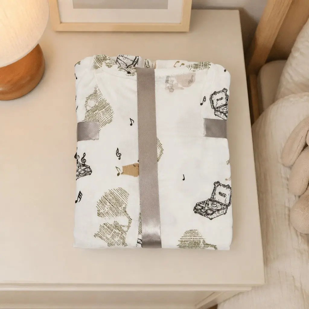 Kids Short Sleeve Pajama Set 110 Bamboo Fiber Cotton Gramophone Radio Print