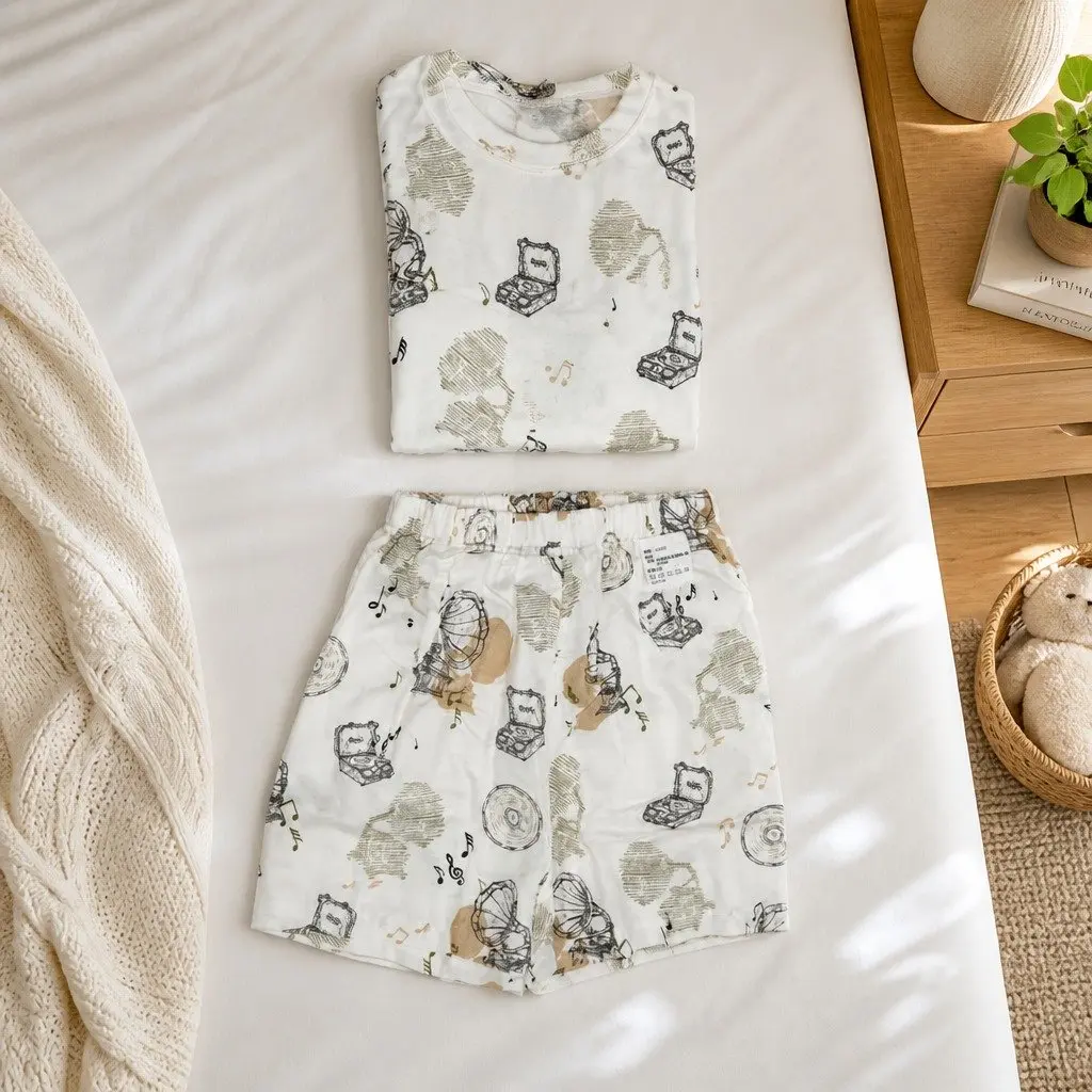 Kids Short Sleeve Pajama Set 110 Bamboo Fiber Cotton Gramophone Radio Print