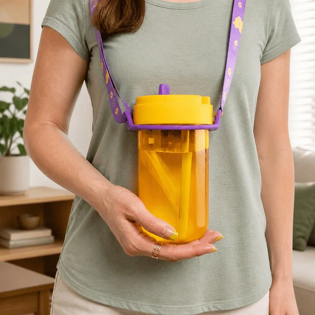Coffee Cup Strap Carrier Yellow Hands Free Beverage Holder