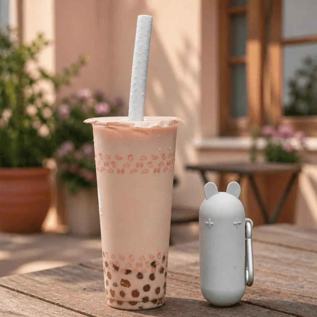 Wide Reusable Bubble Tea Straw Yellow with Travel Case Cleaner and Carabiner