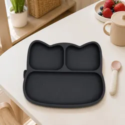 Cat Stickie Plate Charcoal Toddler Divided Suction Plate Baby Feeding Portion