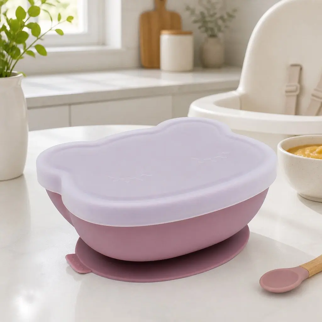 Suction Base Baby Toddler Feeding Bowl 14.8cm Dusty Rose Flexible Silicone with Lid