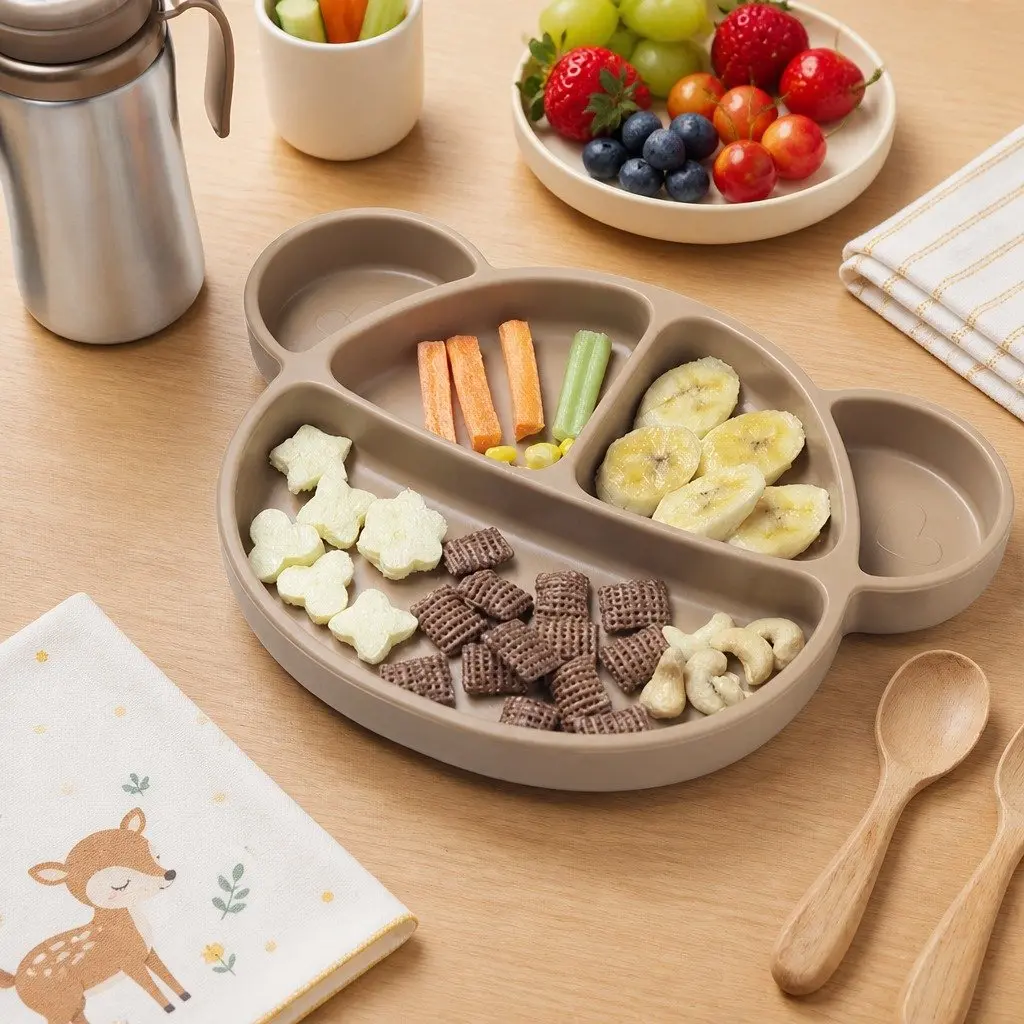 Silicone Suction Food Plate with Lid 28.5cm Baby Feeding Compartments Toddler Weaning