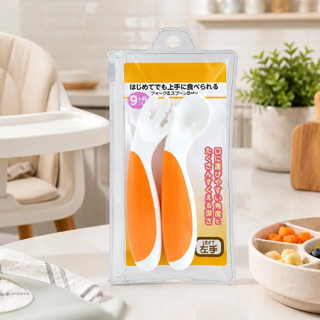 Baby Fork Spoon Beginner Set Left Handed Orange Toddler Self Feeding Utensils