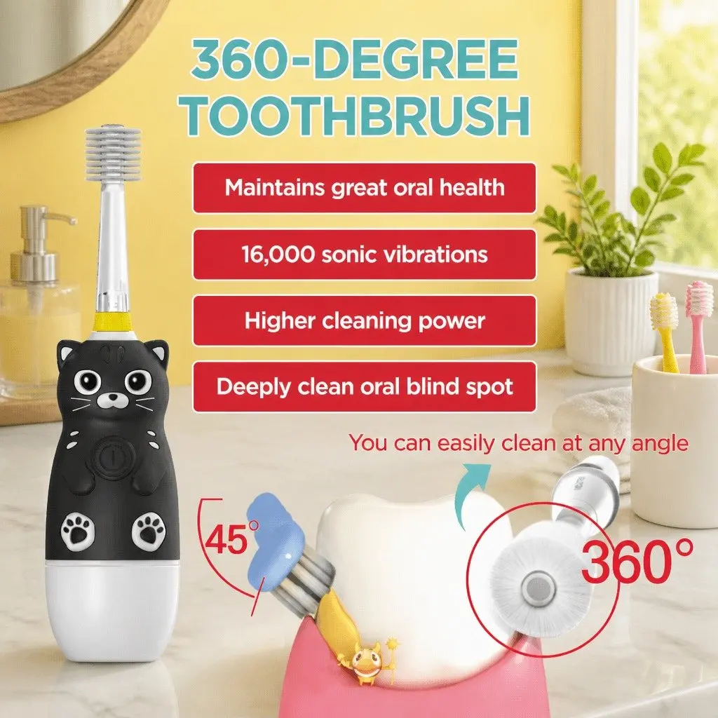 Kids Electric Toothbrush Sonic Vibration 360-Degree Cleaning LED Light Auto-Off Timer