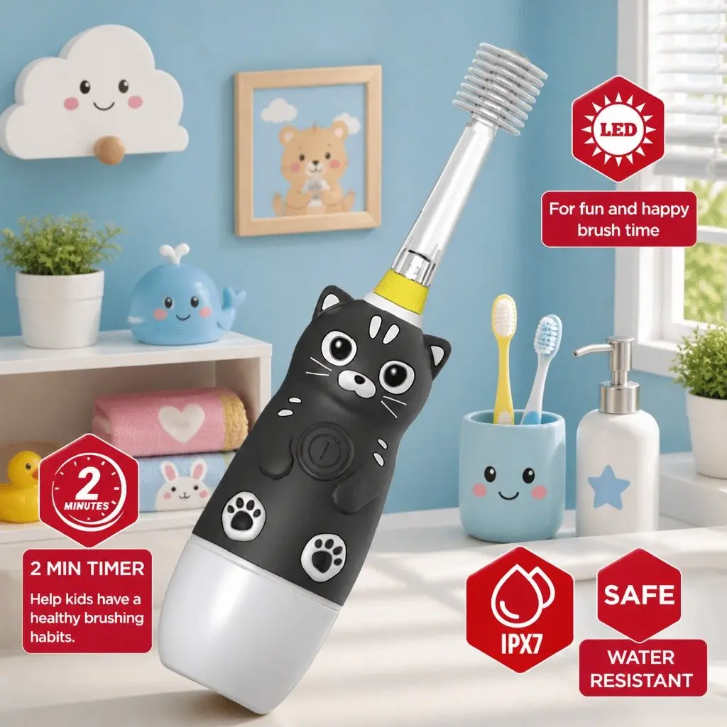 Kids Electric Toothbrush Sonic Vibration 360-Degree Cleaning LED Light Auto-Off Timer