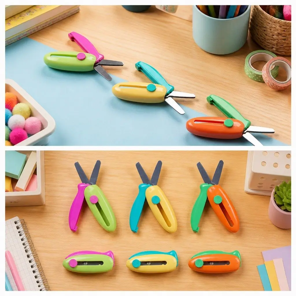 Spring-Action Pocket Scissors Kids Crafts 11 cm Round Curved Blade Retractable Safe