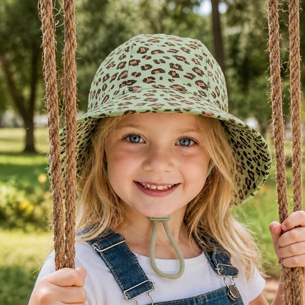 Kids Ponytail Bucket Hat L UPF50+ Sun Protection Anti-Flop Brim Leopard Print