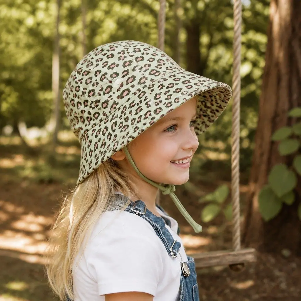 Kids Ponytail Bucket Hat L UPF50+ Sun Protection Anti-Flop Brim Leopard Print