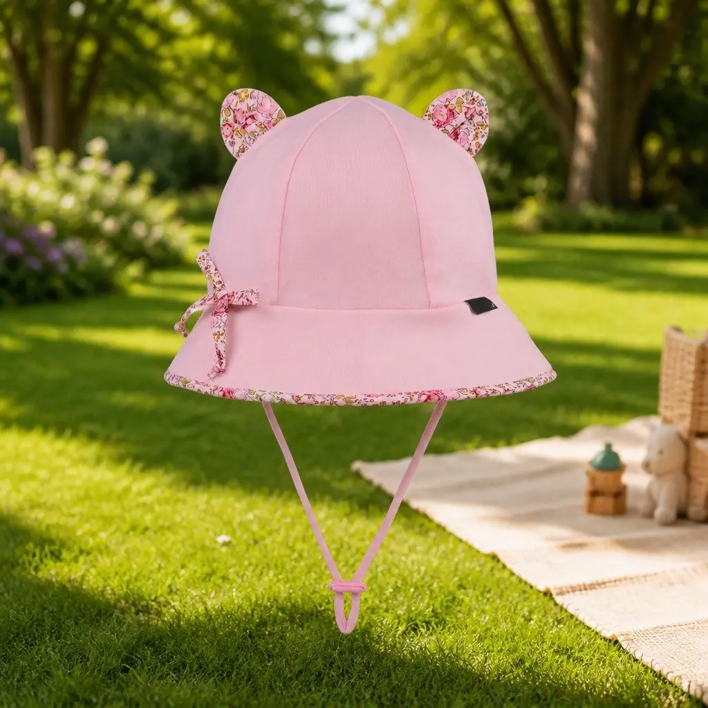 Toddler Bucket Hat XS Soft Flexible Brim UPF50+ Sun Protection Blush Pink with Paisley Trim