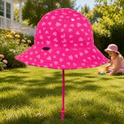 Toddler Bucket Sun Hat Kids Baby Pram Carrier UPF50+ Soft Flexible Brim Hearts