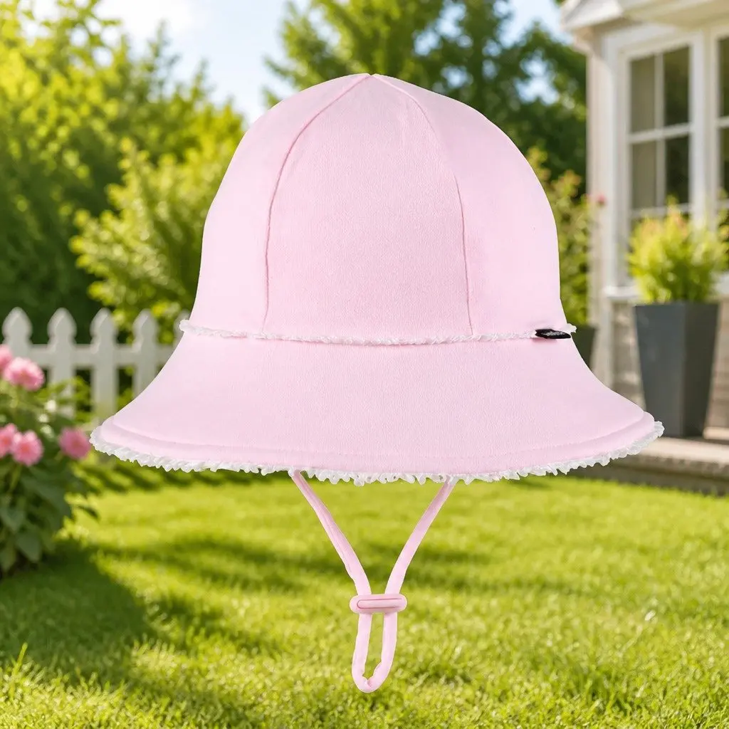 Toddler Hat Soft Blush with Ruffle Trim Adjustable Chin Strap UPF50+ Sun Protection for Prams Strollers Car Seats