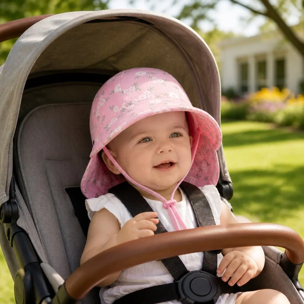 Legionnaire Hat XL Baby Sun Protection UPF50+ Soft Cotton Jersey Blush Pink with Small White Flowers