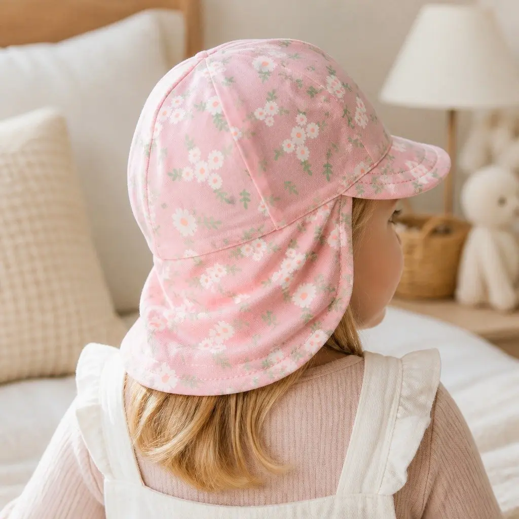 Legionnaire Hat XL Baby Sun Protection UPF50+ Soft Cotton Jersey Blush Pink with Small White Flowers