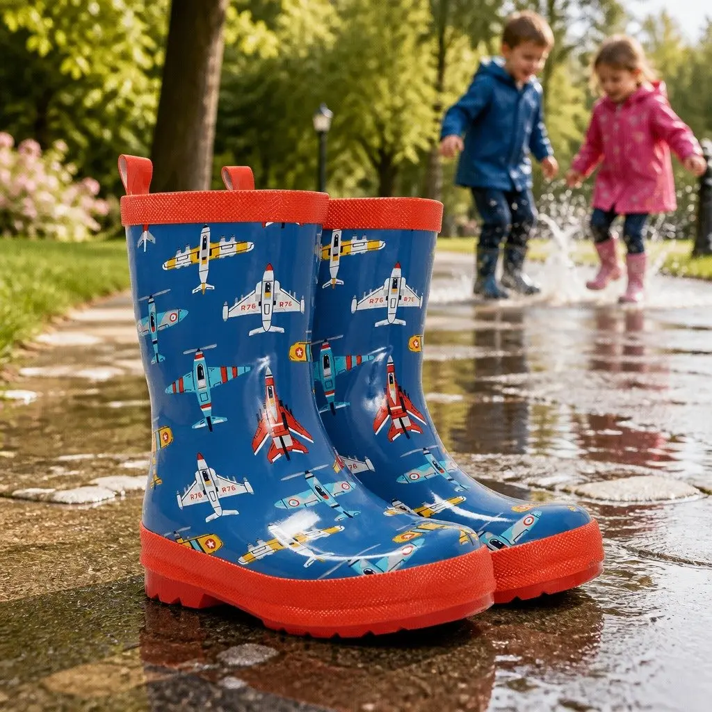Kids Rain Boots Size 6 Waterproof Slip-Resistant Rubber Matte Flying Aircrafts