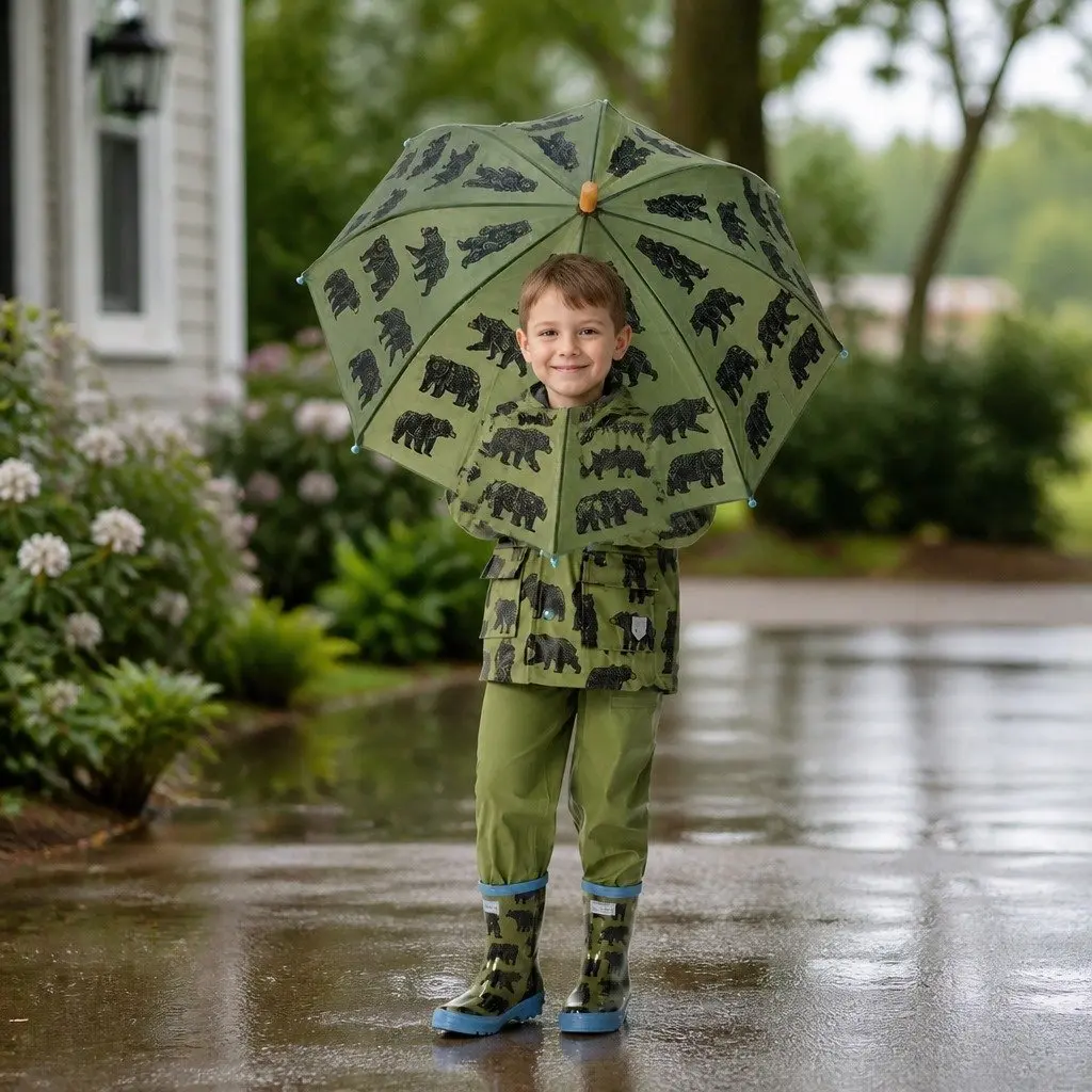 Kids Umbrella with Wooden Handle Fun Print Design Rainy Day Accessory