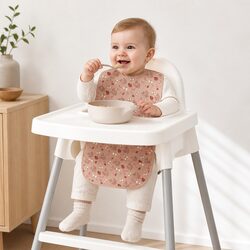 Long Coated Baby Bib Waterproof Mealtime Feeding Protector Cream Leaf Design