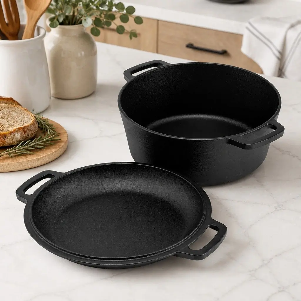 5L Cast Iron Dutch Oven Pot with Lid Dual Handles Pre-Seasoned for Bread Baking