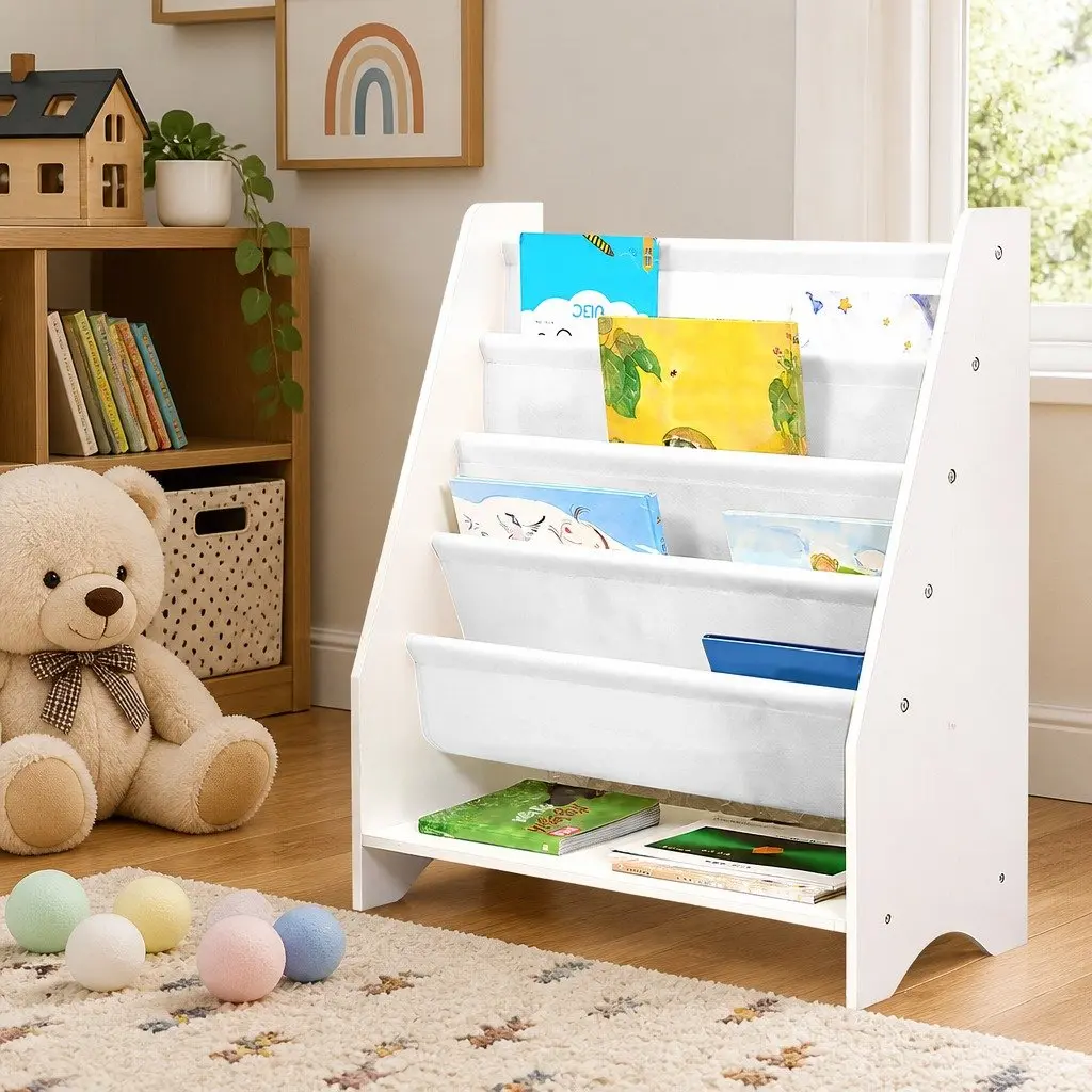 Kids Bookshelf 4-Tier Open Shelves Storage Organiser Furniture Non-Toxic Paint Rounded Corners Easy Clean