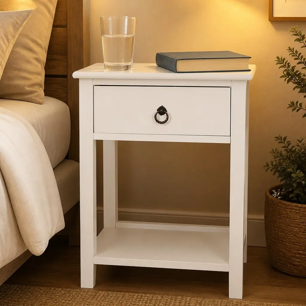 Bedside Table 40.6cm Modern Storage Wooden White with Drawers