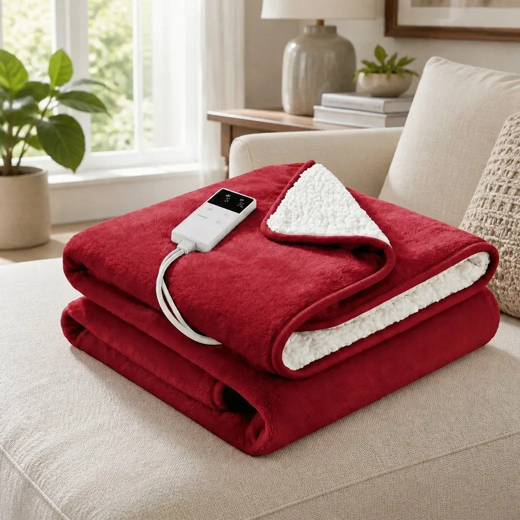 Electric Heated Throw Rug Burgundy Double-Sided Flannel Sherpa Blanket 9 Temperature Settings 9 Hour Timer Overheat Protection Detachable Controller