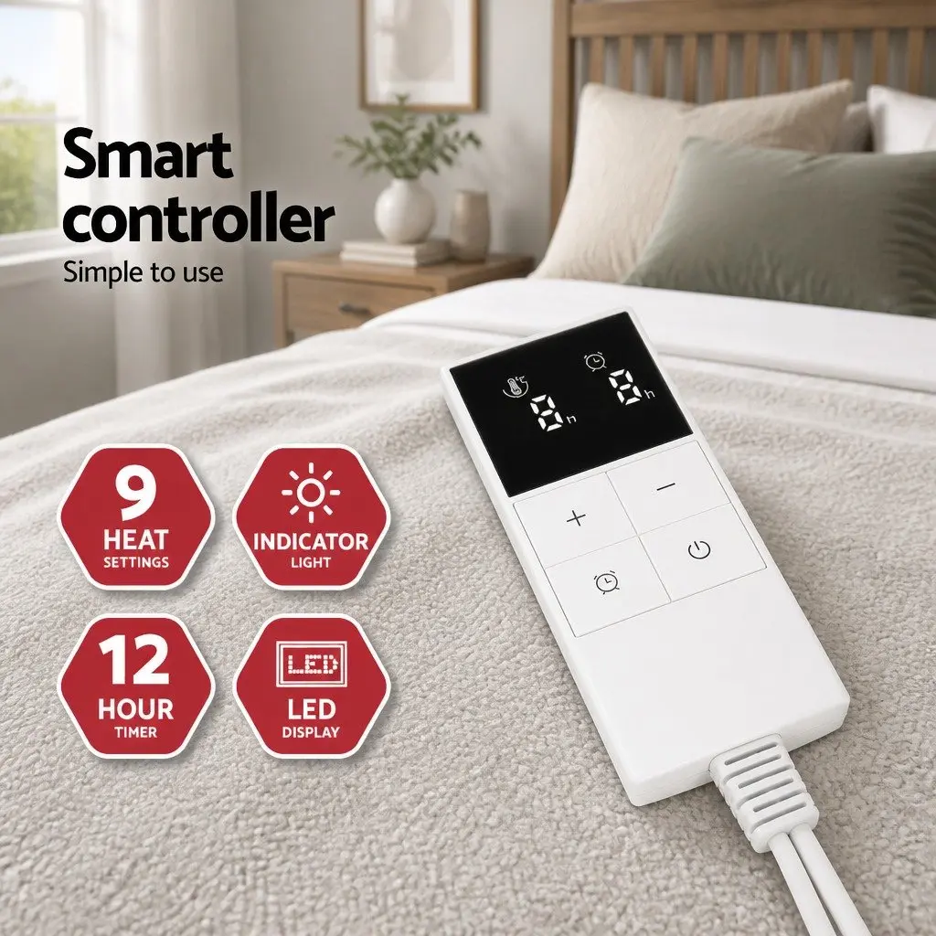 Double Electric Blanket Fitted Double Size Soft Fleece Underlay Nine Temperature Levels