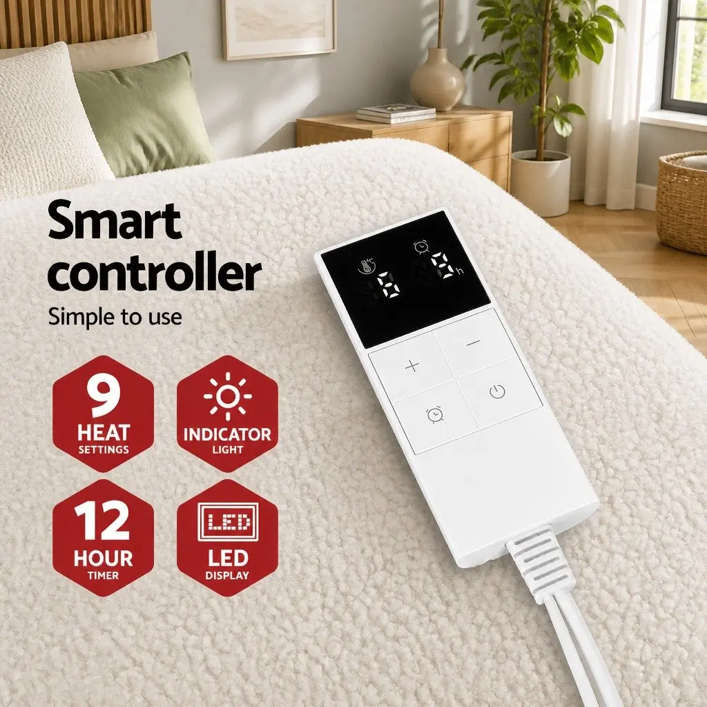 Electric Blanket King Size Fully Fitted Fleecy Underlay with Nine Temperature Settings and Adjustable Timer