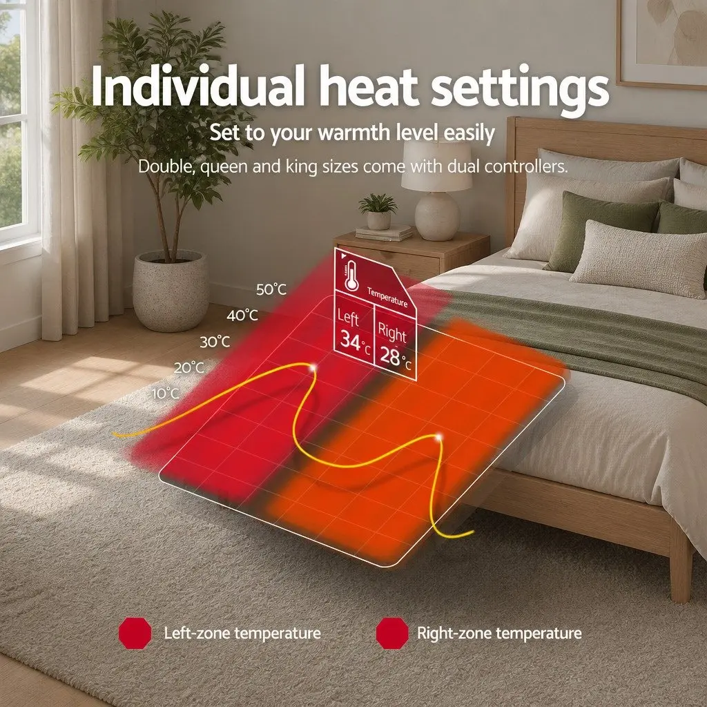 Queen Size Electric Blanket Fitted Polyester Heated with Three Temperature Settings and Overheat Protection