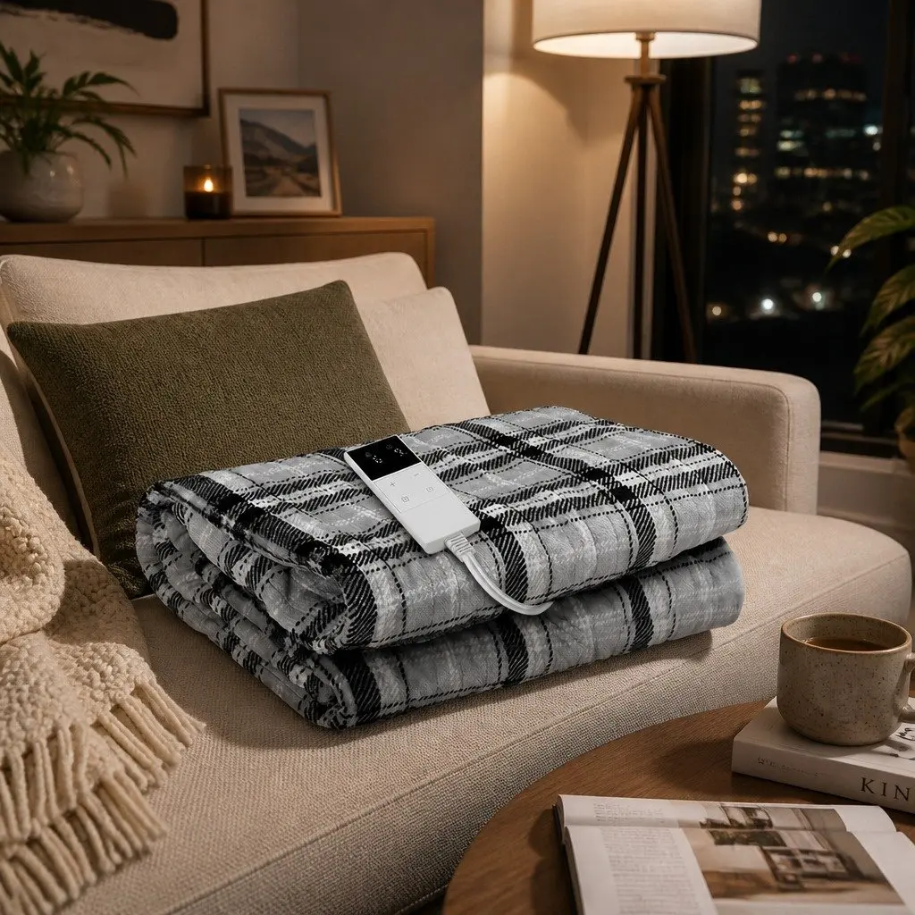Electric Throw Blanket 160cm x 130cm Heated Flannel with Nine Heat Settings and Timer Grey White