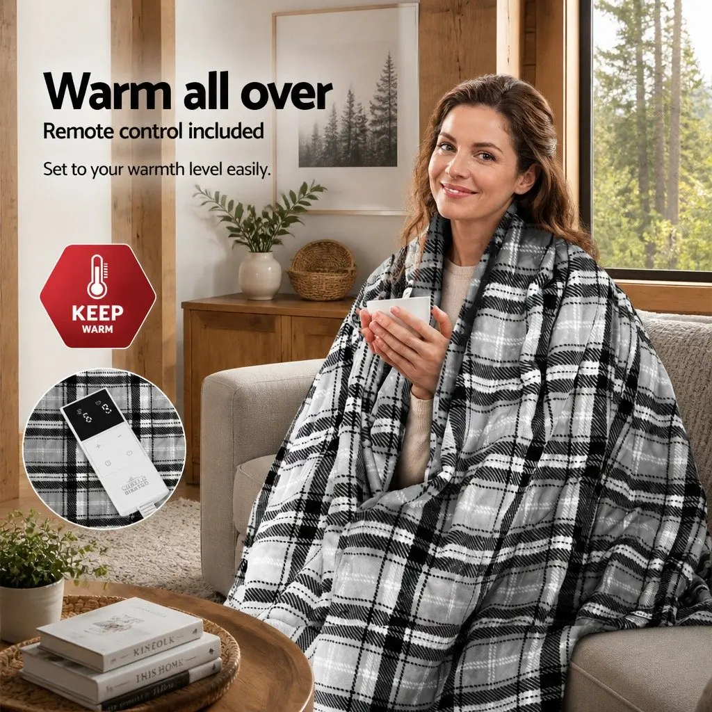 Electric Throw Blanket 160cm x 130cm Heated Flannel with Nine Heat Settings and Timer Grey White