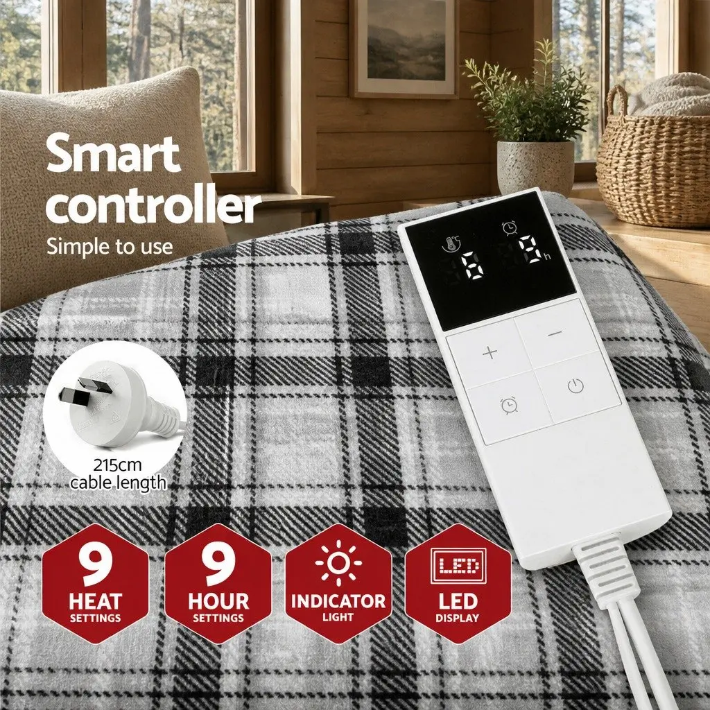 Electric Throw Blanket 160cm x 130cm Heated Flannel with Nine Heat Settings and Timer Grey White