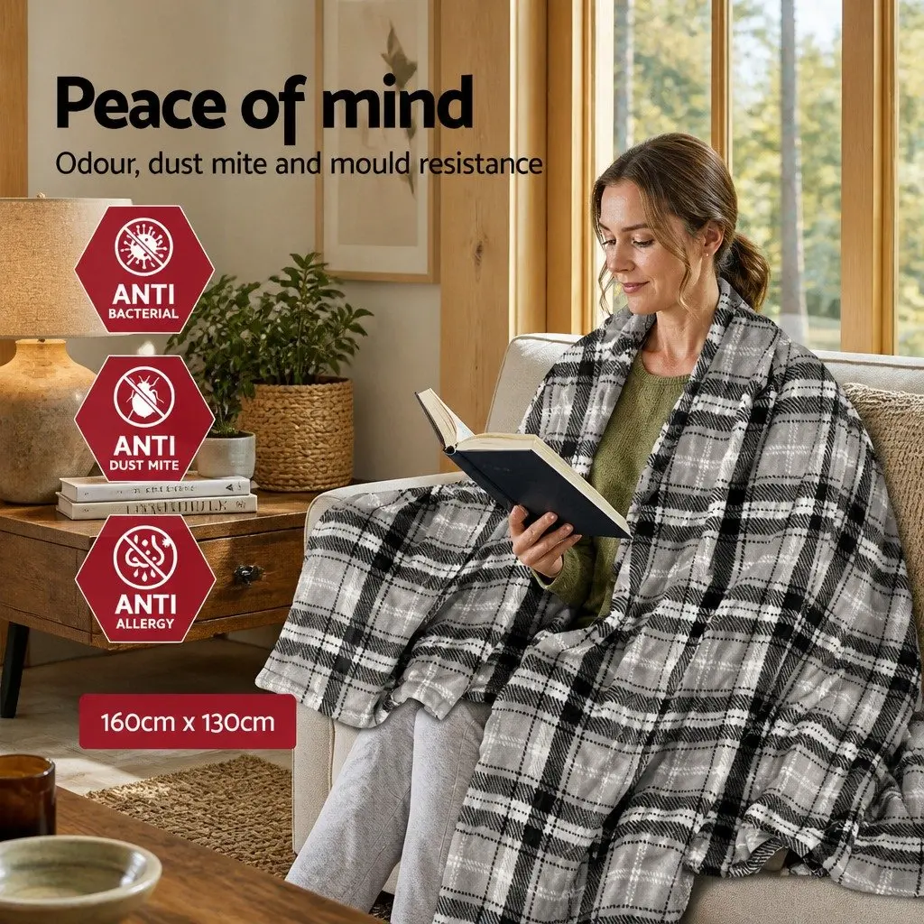 Electric Throw Blanket 160cm x 130cm Heated Flannel with Nine Heat Settings and Timer Grey White