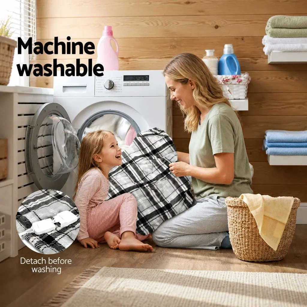 Electric Throw Blanket 160cm x 130cm Heated Flannel with Nine Heat Settings and Timer Grey White
